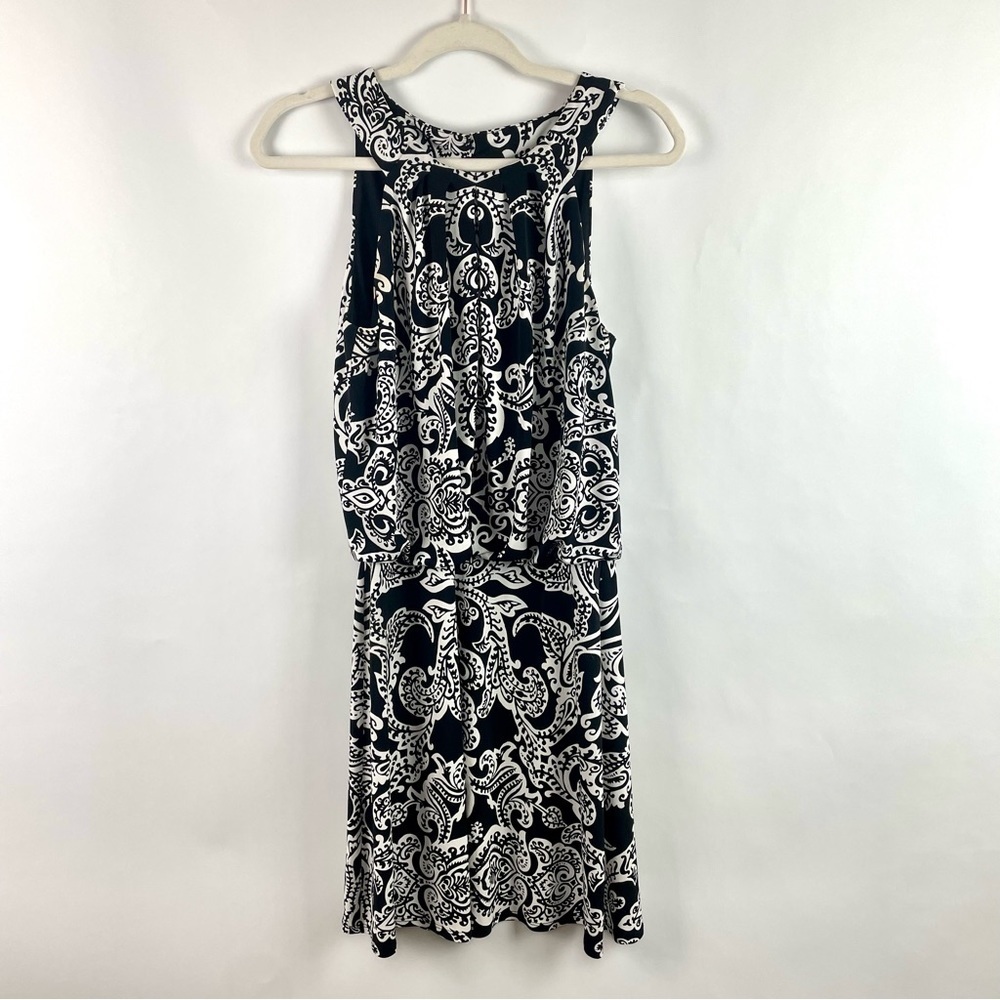 WHBM Halter Dress Black & White Fleur De Lis Blousy Lined Top Elastic Waist SZ 4